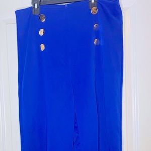 Royal Blue Business Casual Dress Pants with Gold Button Design.